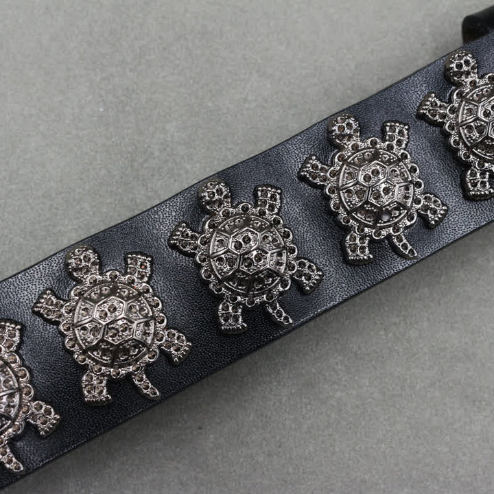 Ceinture en cuir à double attache avec rivets en métal en forme de tortue tridimensionnelle