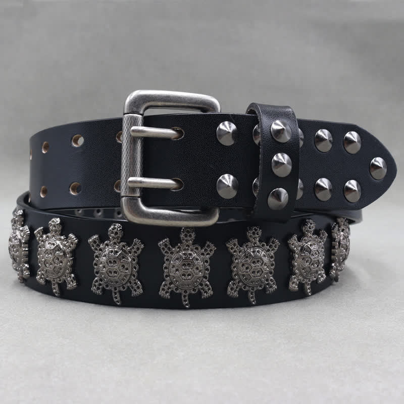Ceinture en cuir à double attache avec rivets en métal en forme de tortue tridimensionnelle