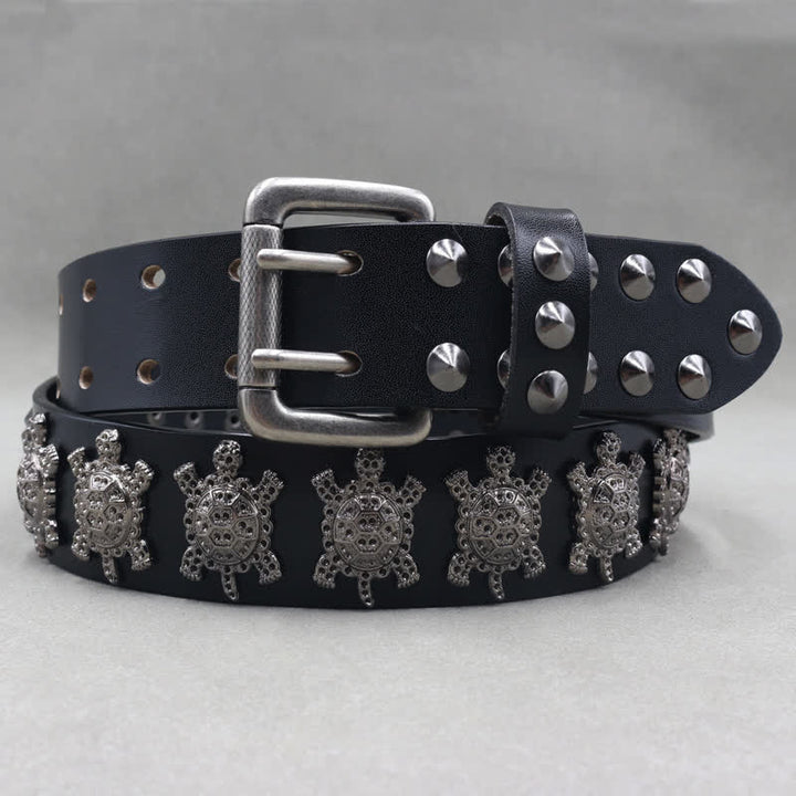 Ceinture en cuir à double attache avec rivets en métal en forme de tortue tridimensionnelle