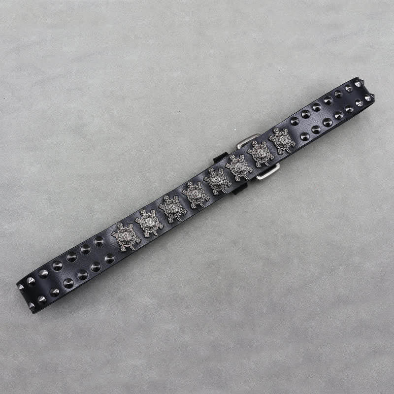 Ceinture en cuir à double attache avec rivets en métal en forme de tortue tridimensionnelle