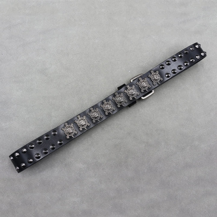 Ceinture en cuir à double attache avec rivets en métal en forme de tortue tridimensionnelle