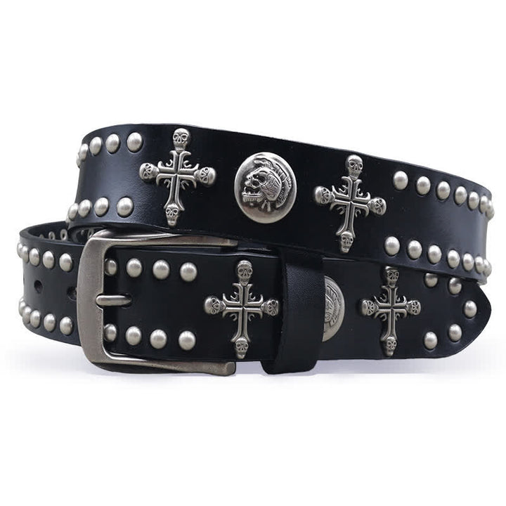 Ceinture en cuir à double attache avec rivets en forme de tête de mort et croix