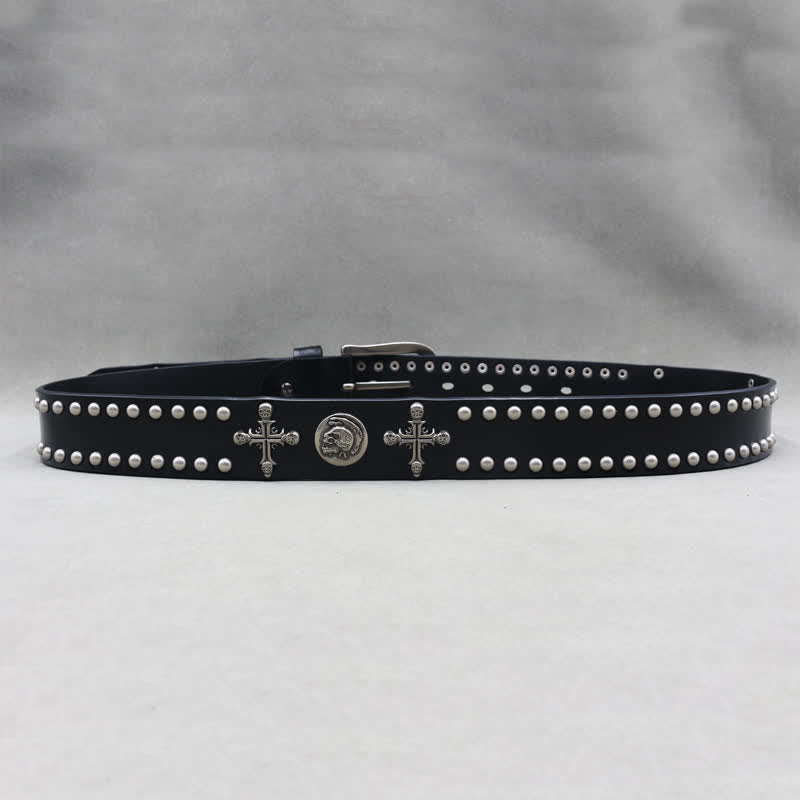 Ceinture en cuir à double attache avec rivets en forme de tête de mort et croix