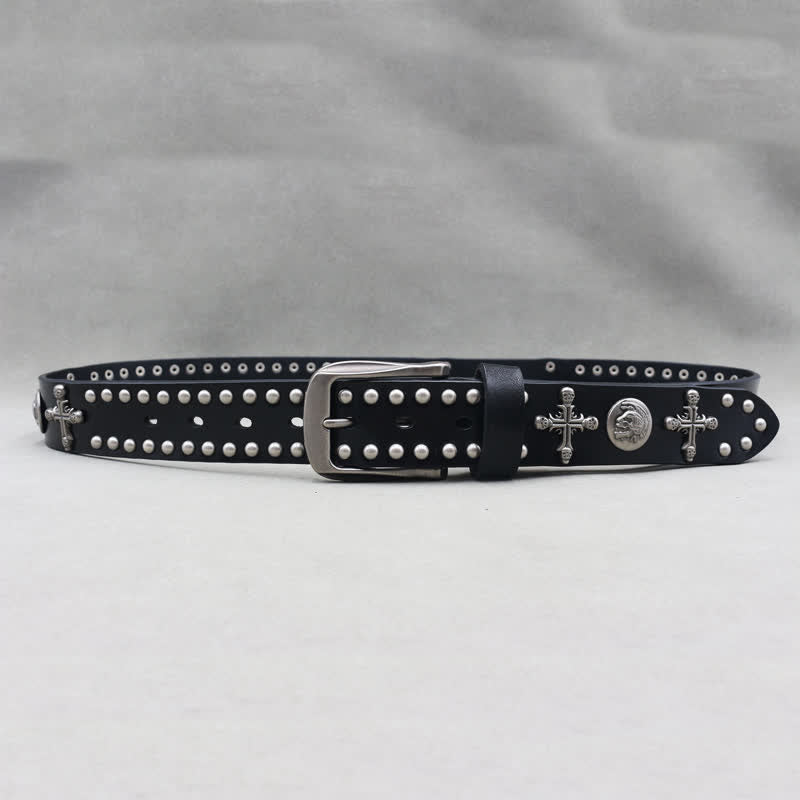 Ceinture en cuir à double attache avec rivets en forme de tête de mort et croix
