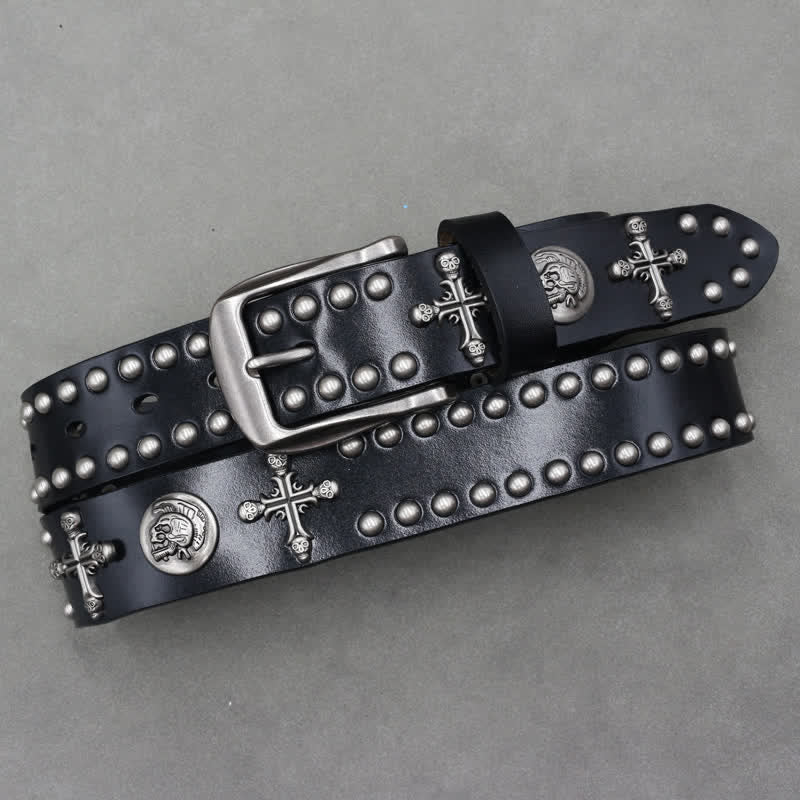 Ceinture en cuir à double attache avec rivets en forme de tête de mort et croix