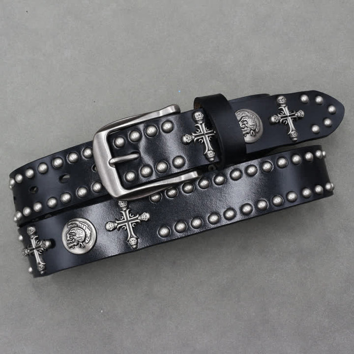Ceinture en cuir à double attache avec rivets en forme de tête de mort et croix