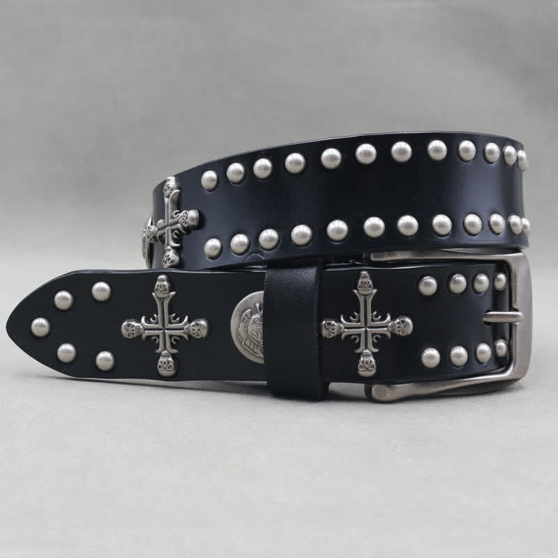 Ceinture en cuir à double attache avec rivets en forme de tête de mort et croix