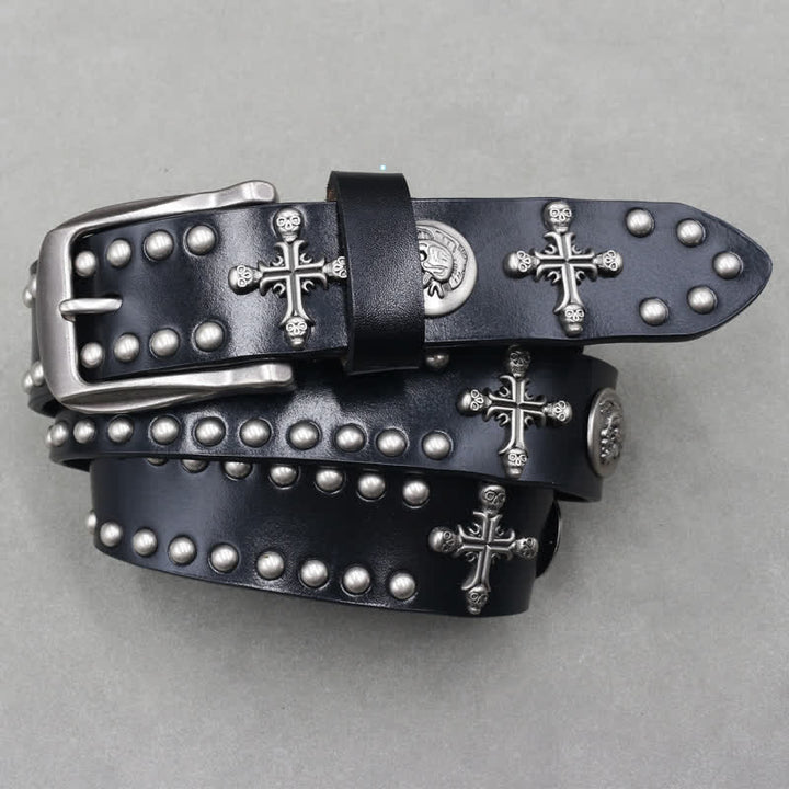 Ceinture en cuir à double attache avec rivets en forme de tête de mort et croix