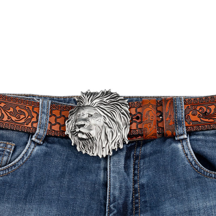 Ceinture en cuir à motif tête de lion en relief pour tenue de bureau