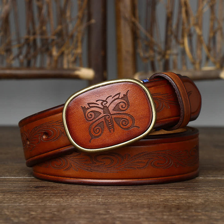 Ceinture en cuir épais de luxe rétro à imprimé papillon