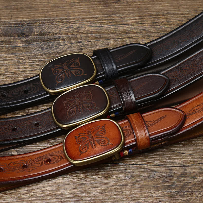 Ceinture en cuir épais de luxe rétro à imprimé papillon