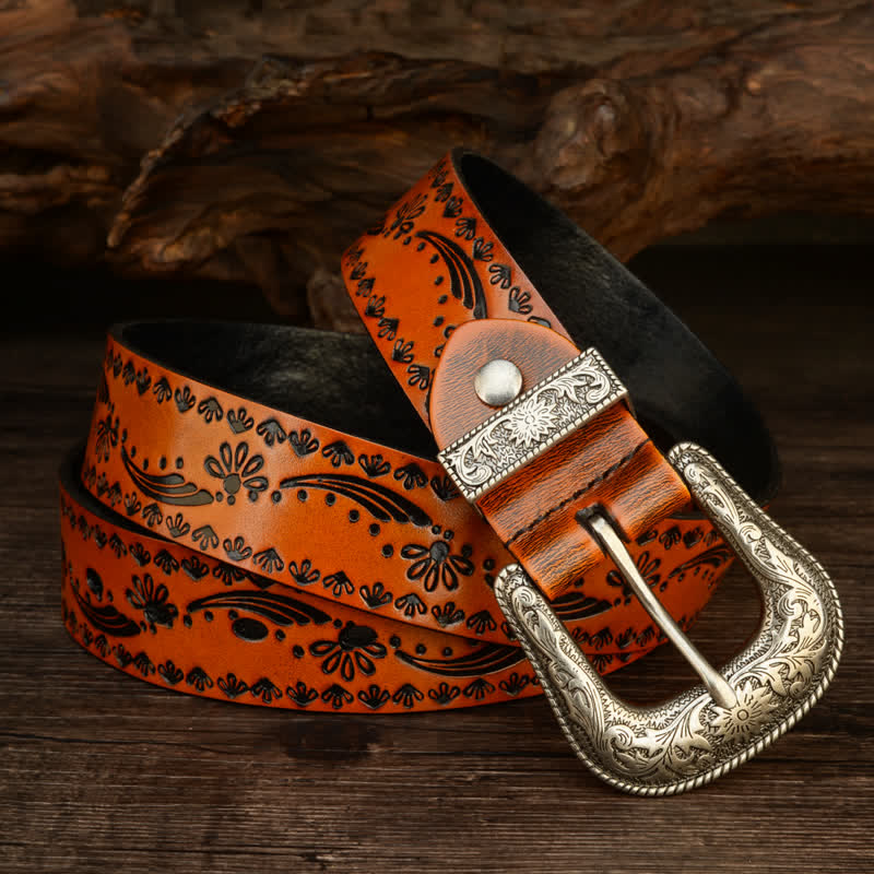 Ceinture en cuir gaufré à motif floral de style occidental