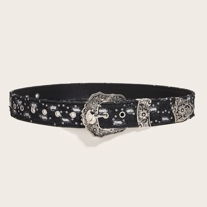 Ceinture en jean à boucle de fleur gravée unique et tendance