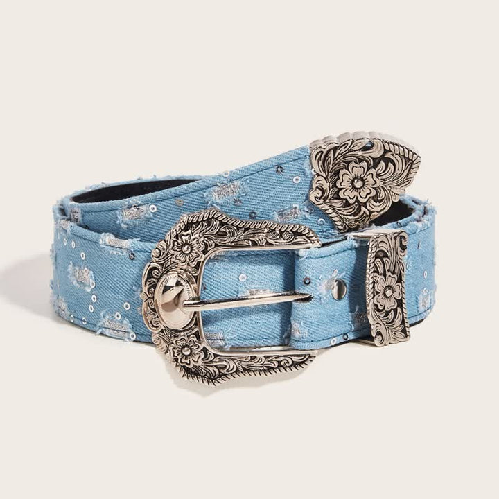 Ceinture en jean à boucle de fleur gravée unique et tendance