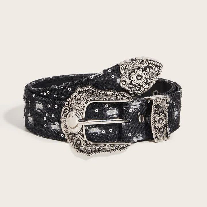 Ceinture en jean à boucle de fleur gravée unique et tendance