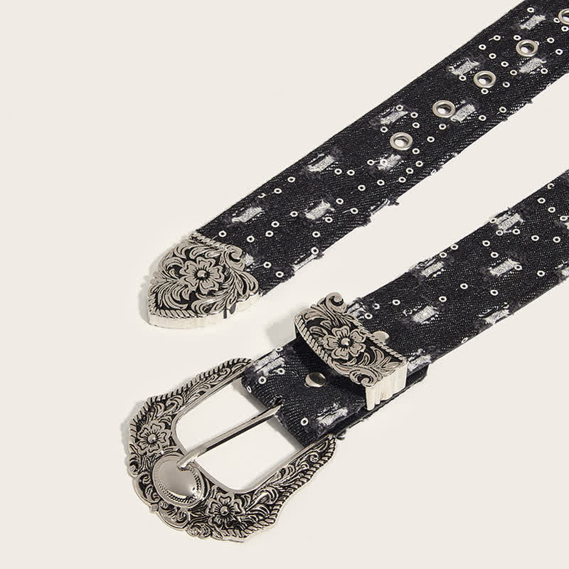 Ceinture en jean à boucle de fleur gravée unique et tendance