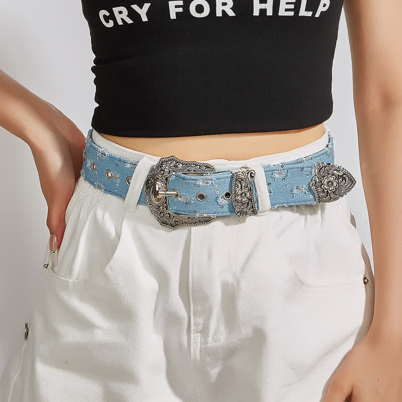 Ceinture en jean à boucle de fleur gravée unique et tendance