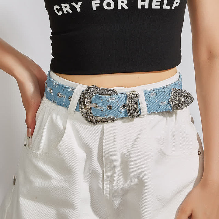 Ceinture en jean à boucle de fleur gravée unique et tendance