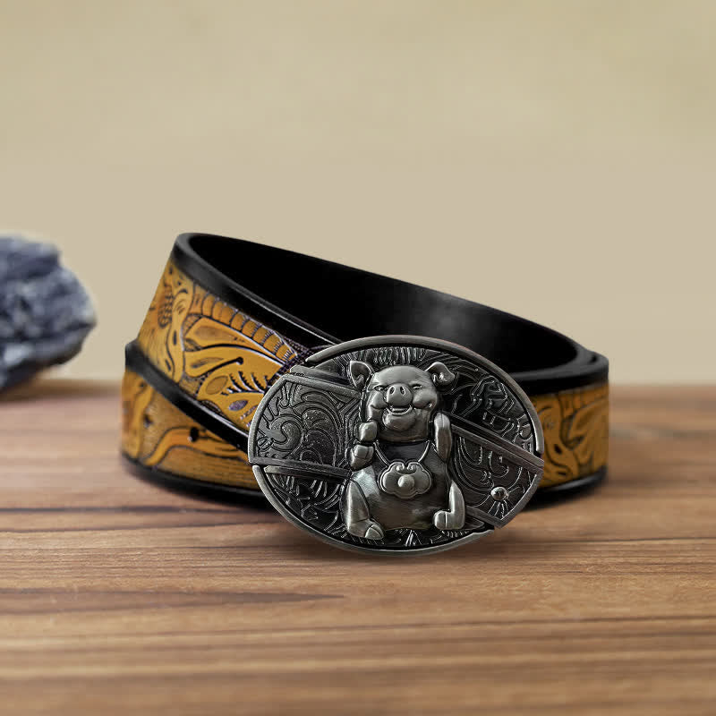 Ceinture en cuir pour homme avec couteau pliant caché en forme de cochon