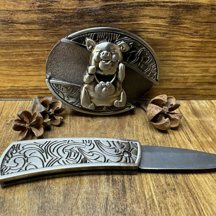 Ceinture en cuir pour homme avec couteau pliant caché en forme de cochon