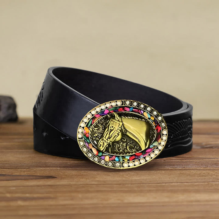 Ceinture en cuir à boucle en pierre de cheval en bronze pour homme