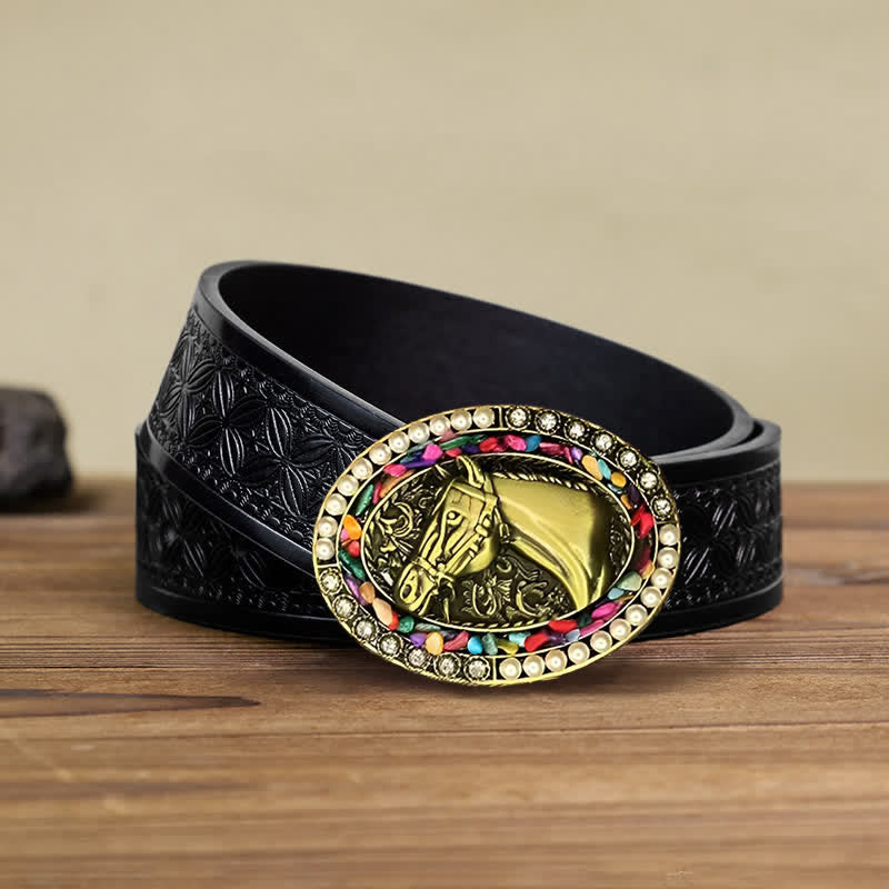 Ceinture en cuir à boucle en pierre de cheval en bronze pour homme