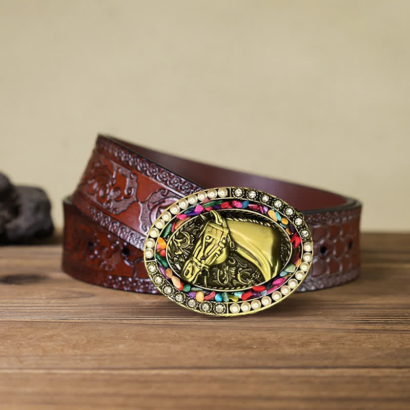 Ceinture en cuir à boucle en pierre de cheval en bronze pour homme