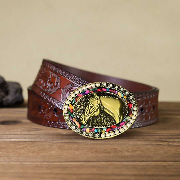 Ceinture en cuir à boucle en pierre de cheval en bronze pour homme