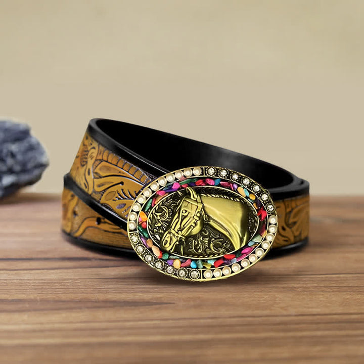 Ceinture en cuir à boucle en pierre de cheval en bronze pour homme