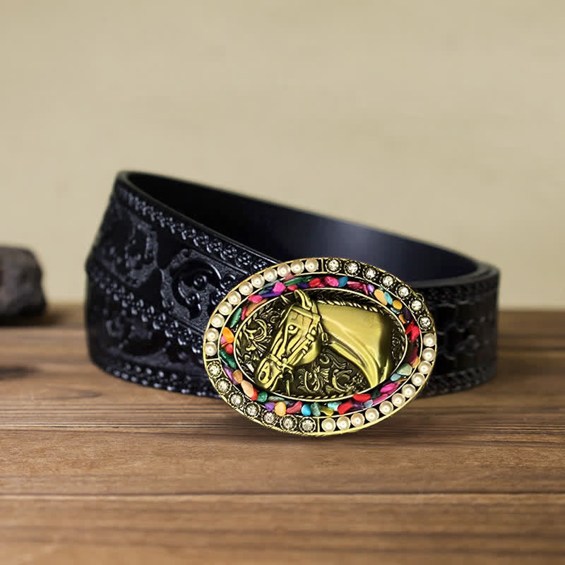 Ceinture en cuir à boucle en pierre de cheval en bronze pour homme