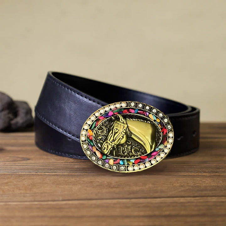 Ceinture en cuir à boucle en pierre de cheval en bronze pour homme