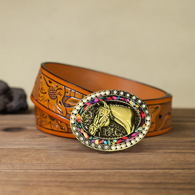 Ceinture en cuir à boucle en pierre de cheval en bronze pour homme