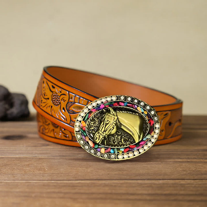 Ceinture en cuir à boucle en pierre de cheval en bronze pour homme