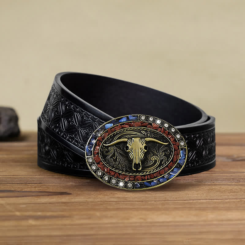 Ceinture en cuir à boucle taureau avec pierres bordeaux et bleues pour homme