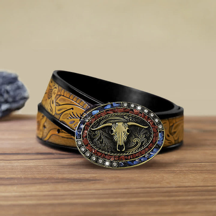 Ceinture en cuir à boucle taureau avec pierres bordeaux et bleues pour homme