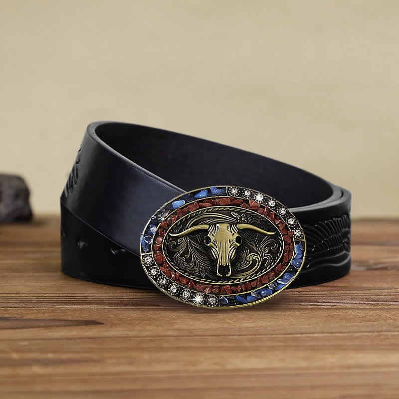 Ceinture en cuir à boucle taureau avec pierres bordeaux et bleues pour homme