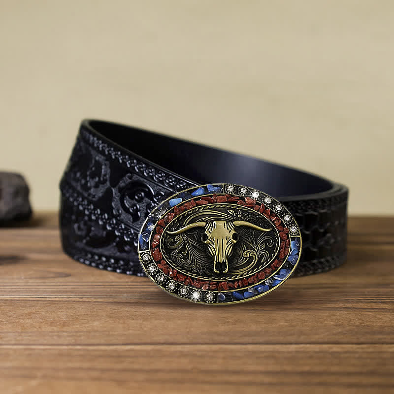 Ceinture en cuir à boucle taureau avec pierres bordeaux et bleues pour homme