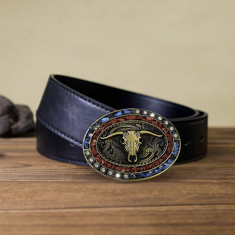 Ceinture en cuir à boucle taureau avec pierres bordeaux et bleues pour homme