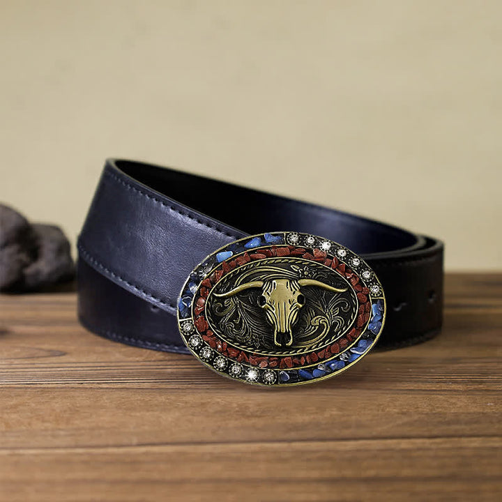 Ceinture en cuir à boucle taureau avec pierres bordeaux et bleues pour homme