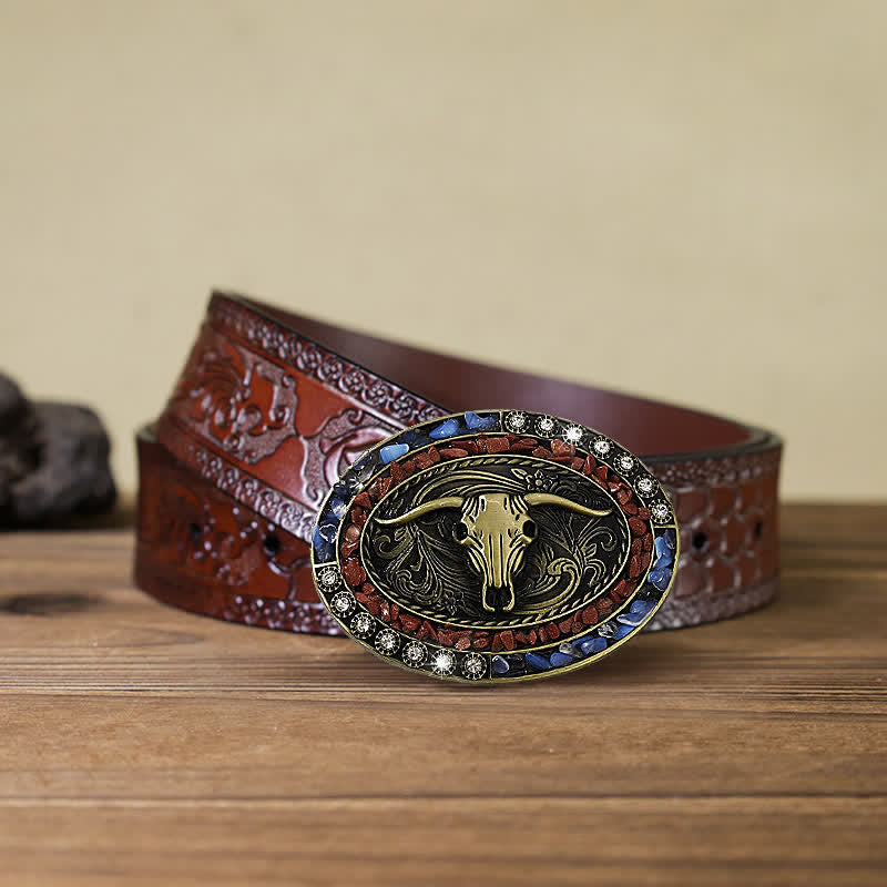 Ceinture en cuir à boucle taureau avec pierres bordeaux et bleues pour homme
