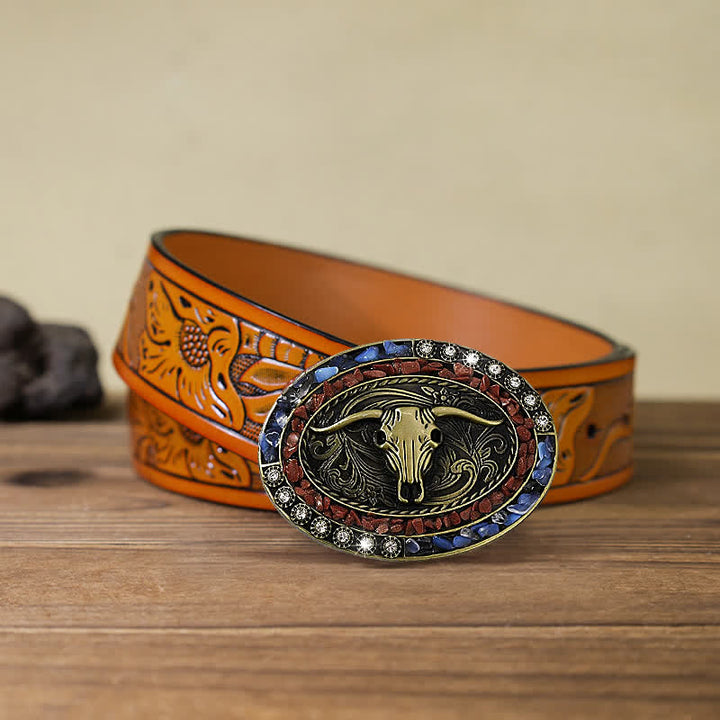 Ceinture en cuir à boucle taureau avec pierres bordeaux et bleues pour homme
