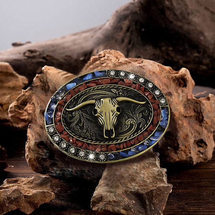 Ceinture en cuir à boucle taureau avec pierres bordeaux et bleues pour homme