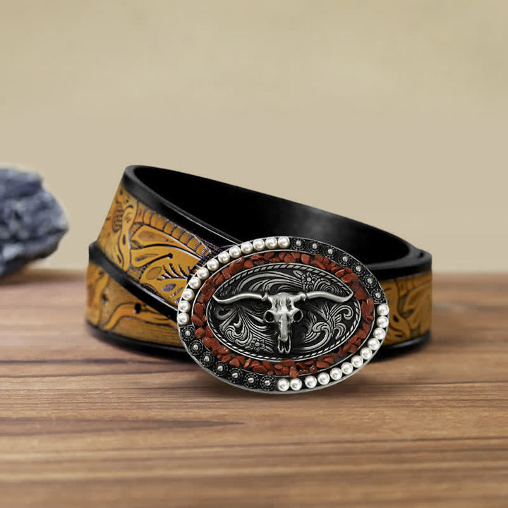 Ceinture en cuir à boucle taureau avec pierres scintillantes pour homme