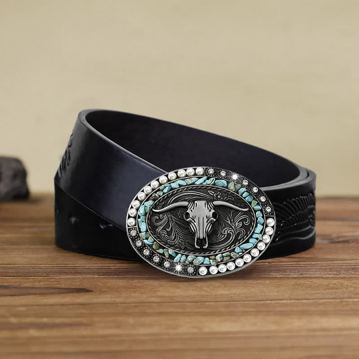 Ceinture en cuir à boucle taureau avec pierres scintillantes pour homme