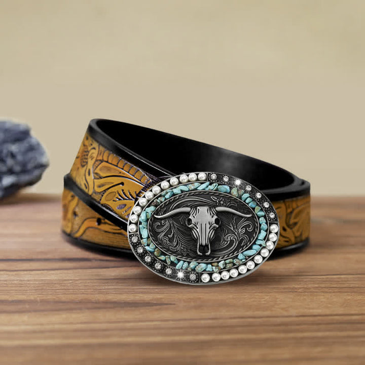 Ceinture en cuir à boucle taureau avec pierres scintillantes pour homme