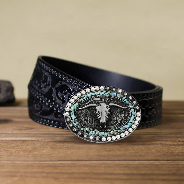 Ceinture en cuir à boucle taureau avec pierres scintillantes pour homme