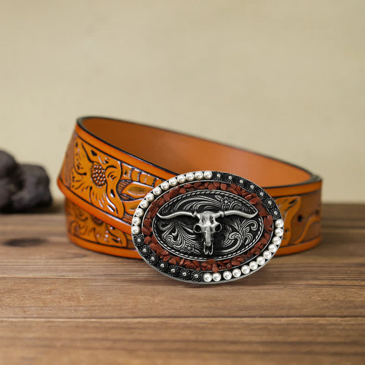 Ceinture en cuir à boucle taureau avec pierres scintillantes pour homme