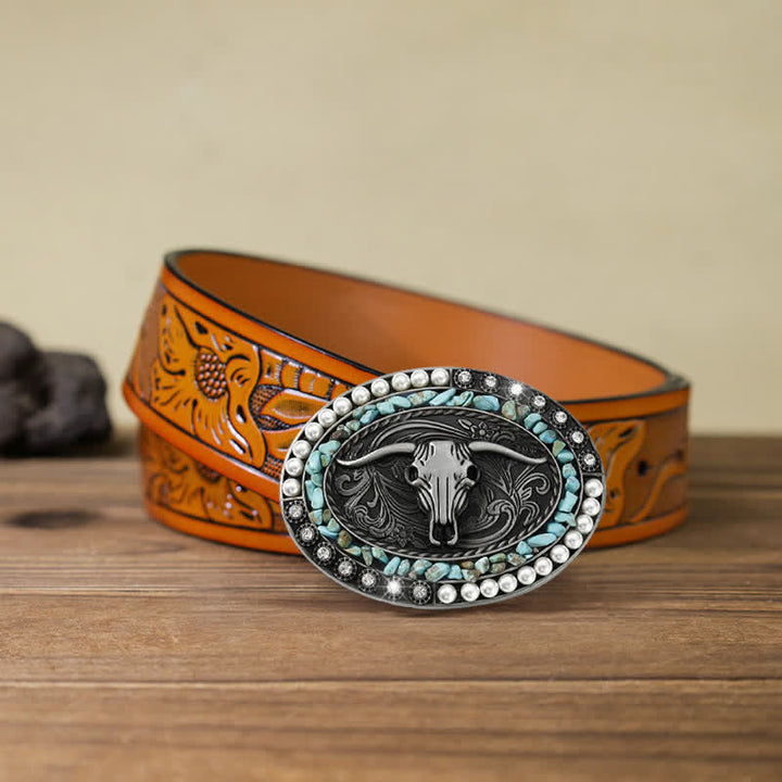 Ceinture en cuir à boucle taureau avec pierres scintillantes pour homme