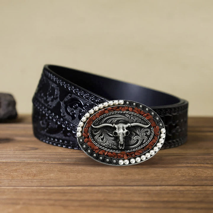 Ceinture en cuir à boucle taureau avec pierres scintillantes pour homme