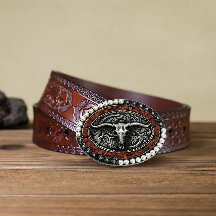 Ceinture en cuir à boucle taureau avec pierres scintillantes pour homme